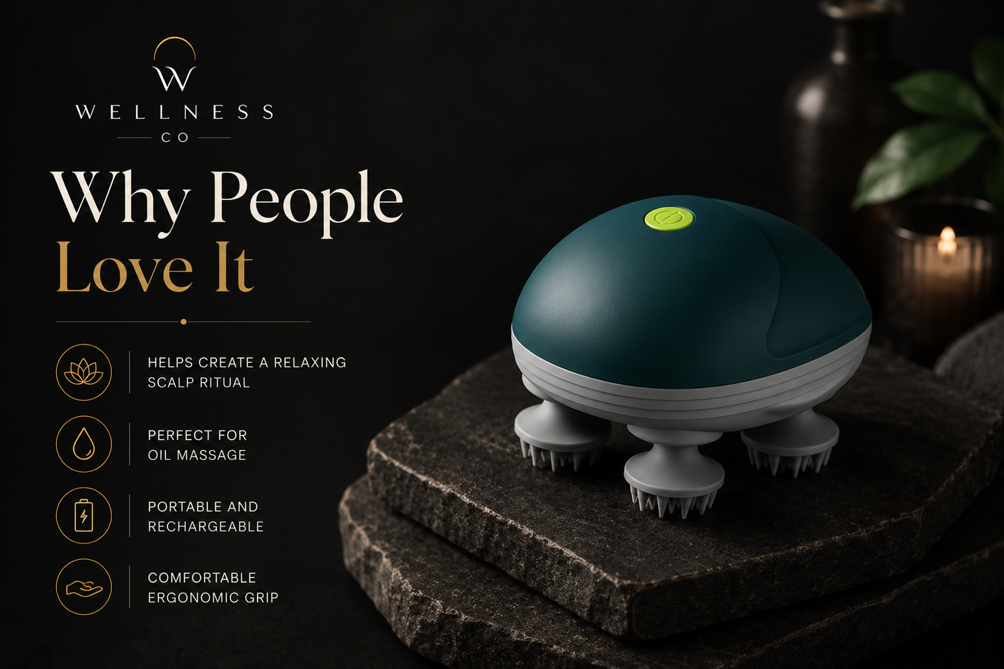 Premium Wellness Co electric scalp massager showcasing luxury design, modern wellness, and trusted quality.