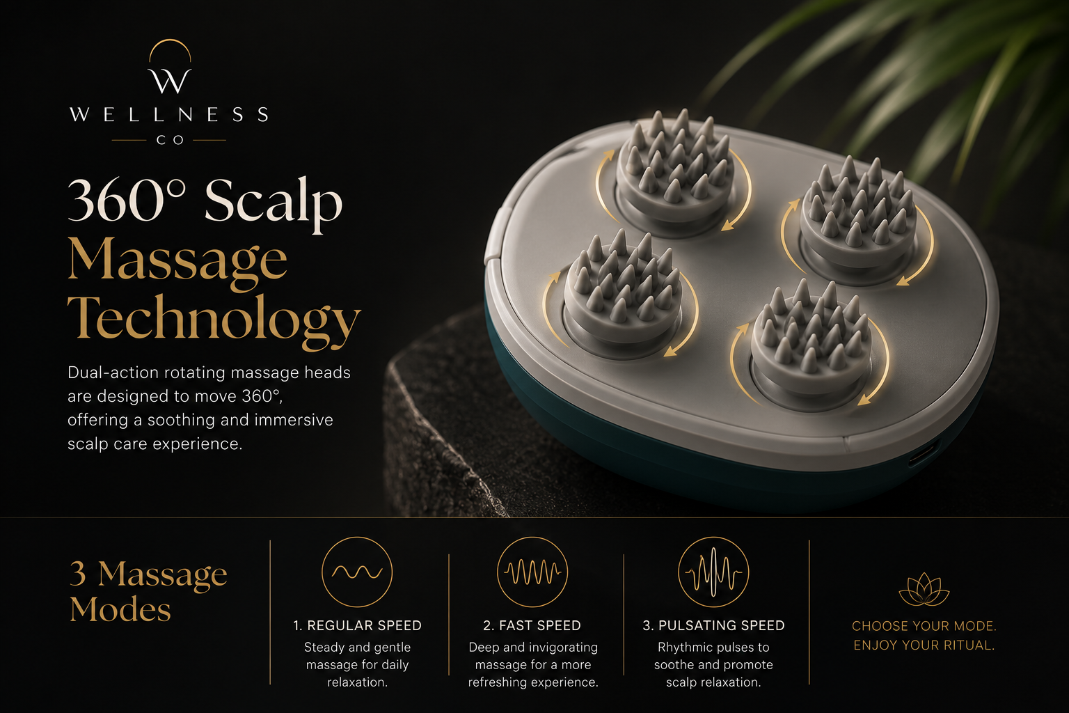 Electric scalp massager with four rotating massage heads that mimic the feel of human fingertips for deep scalp stimulation.