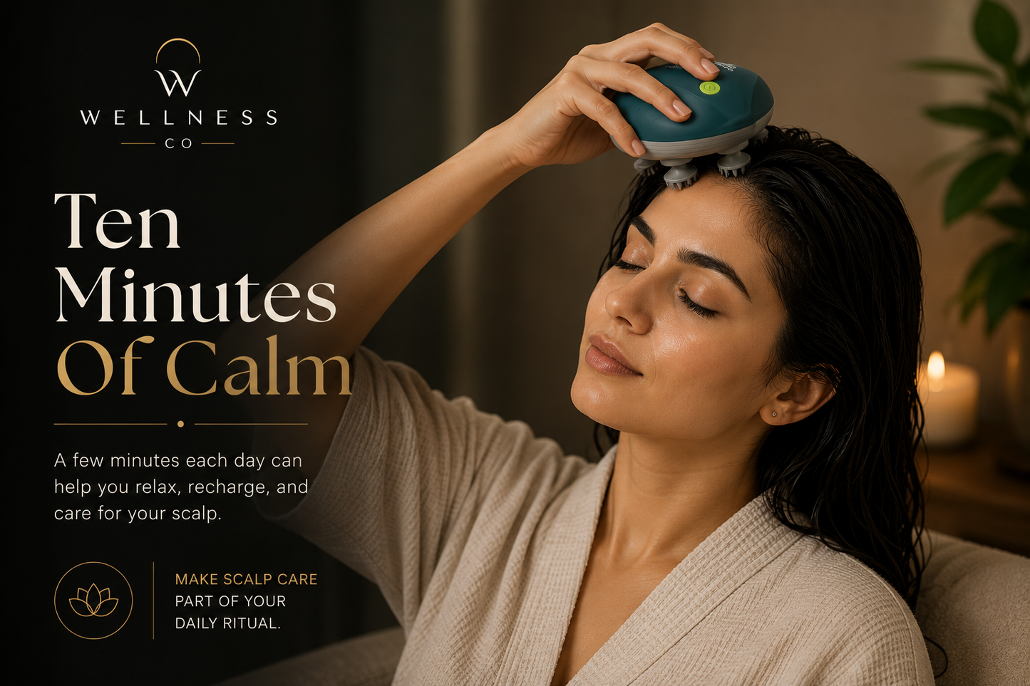 Woman enjoying a relaxing scalp massage with an electric scalp massager designed to help relieve scalp tension and daily stress.