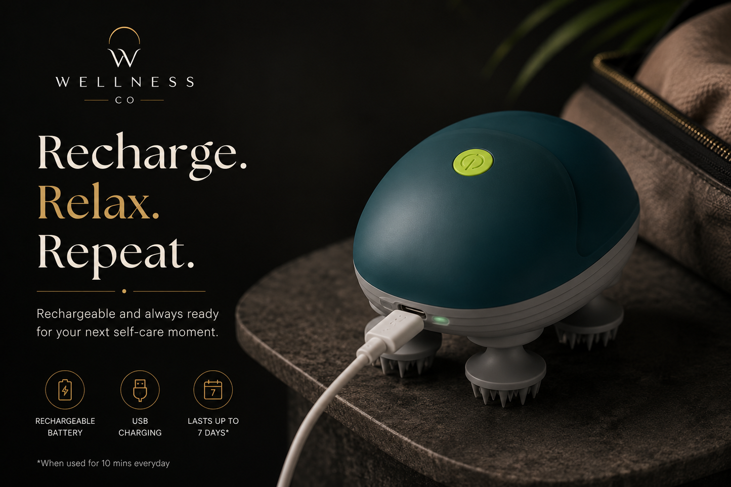 Compact rechargeable scalp massager with USB charging, ideal for travel, home, office, and everyday use.
