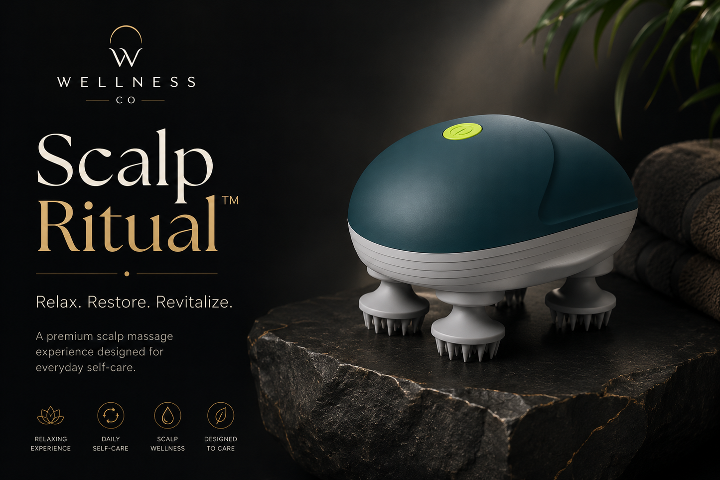 Premium electric scalp massager by Wellness Co displayed in a luxury spa-inspired setting for relaxation and self-care.