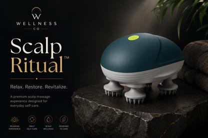 Premium electric scalp massager by Wellness Co displayed in a luxury spa-inspired setting for relaxation and self-care.