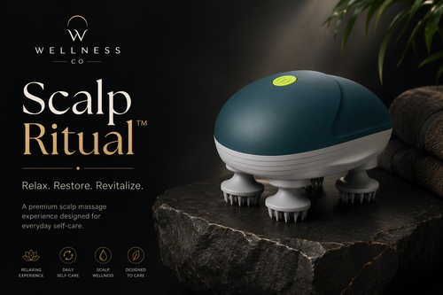 Premium electric scalp massager by Wellness Co displayed in a luxury spa-inspired setting for relaxation and self-care.